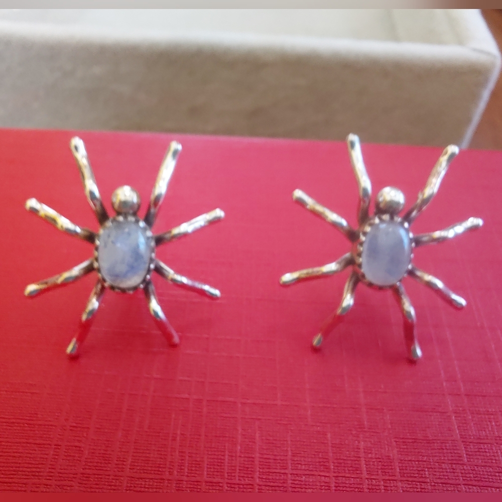 Spider Shaped Moonstone Silver Stud Statement Earrings - Picture 3 of 11